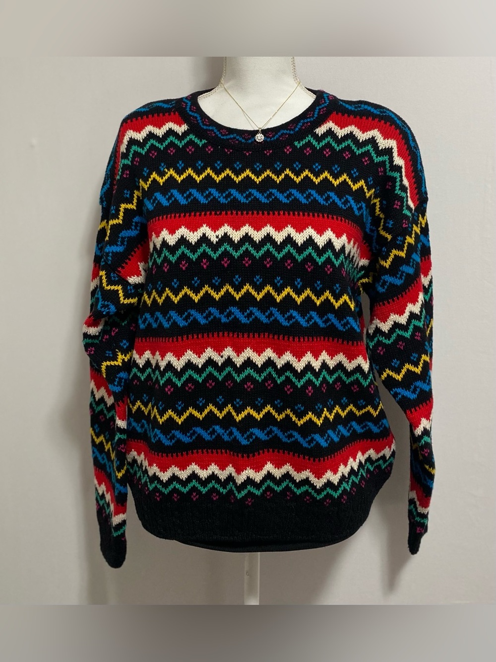 Vintage Chaus Black Sweater with Blue and Yellow Zigzag